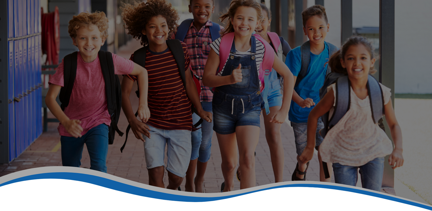 kid running to school with book bags on their back, laughing and happy